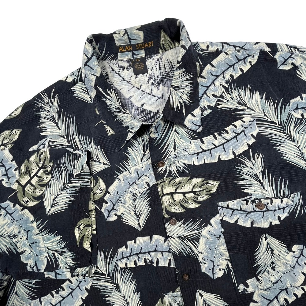 Alan Stuart Silk Button Up Camp Shirt Mens XXL Black Blue Leaf Jacquard *Flaw